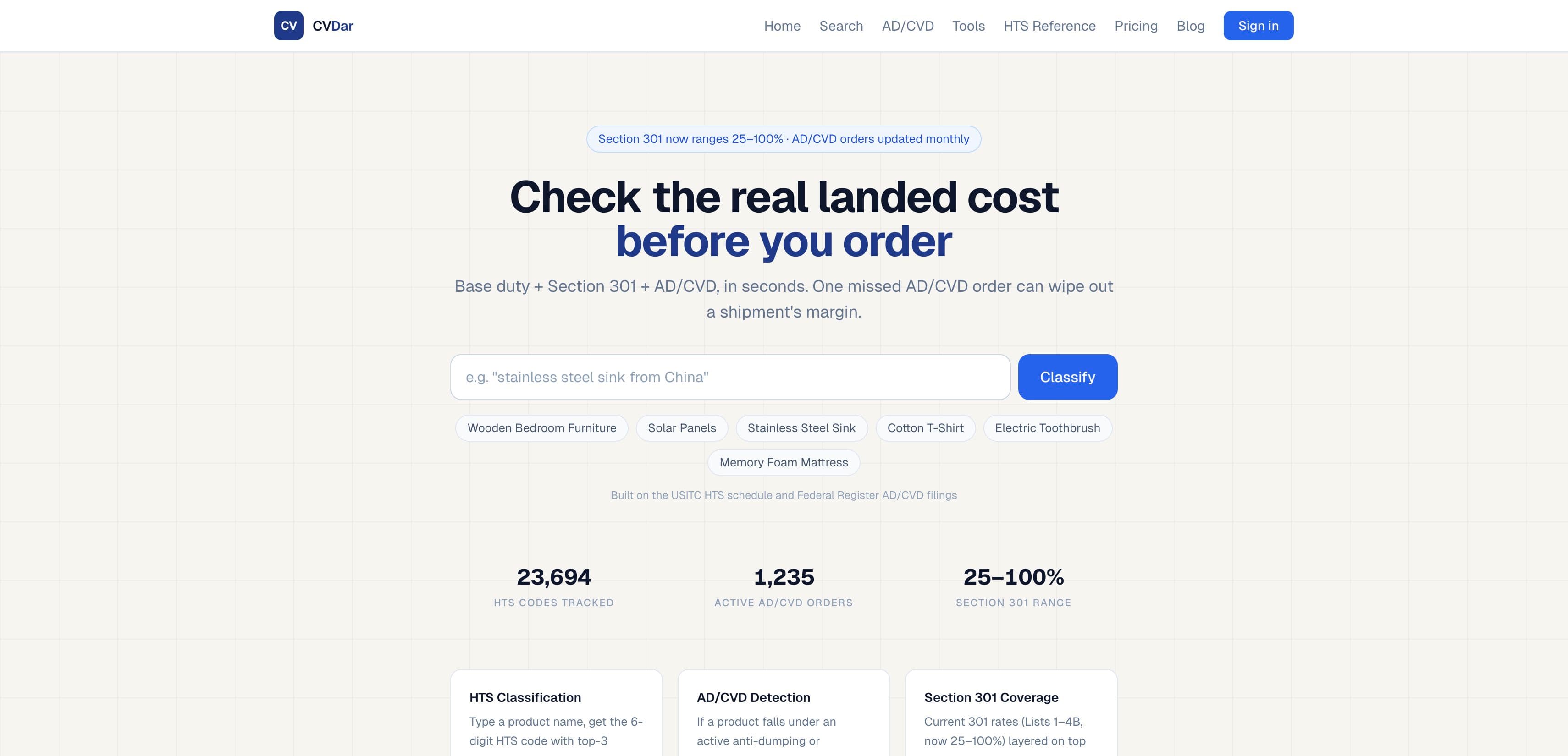 CVDar — US tariff and landed cost checker built with Basetier's pro-base starter